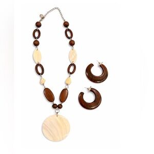 Cookie Lee Brown Cream Statement Necklace Earring Set Chunky Boho Shell Pendant